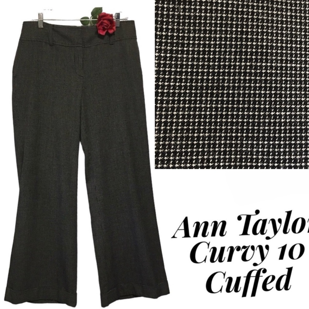 Ann Taylor Curvy 10 Wide Leg Trouser Houndstooth Cuffed Black White Career Pants